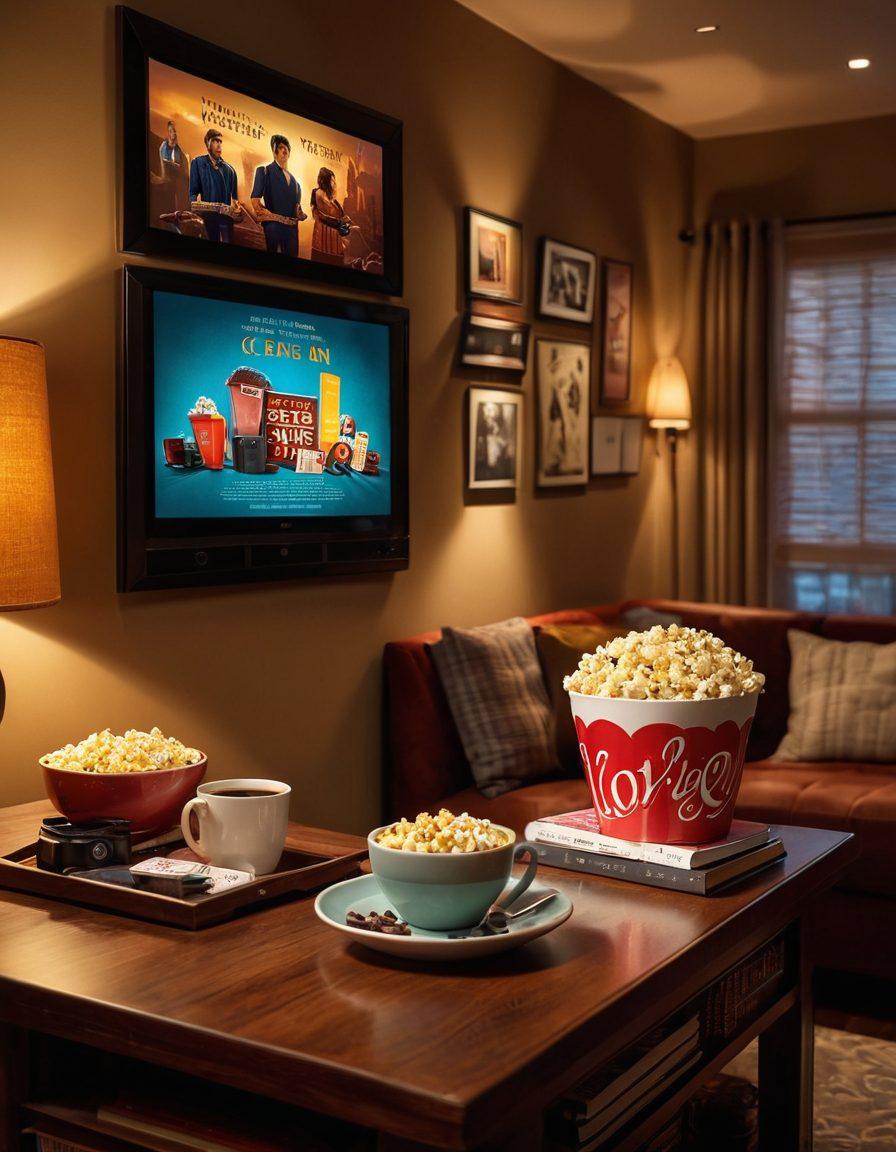 A cozy home theater setup featuring a large screen displaying a captivating movie scene, surrounded by plush seating and popcorn bowls. Include a framed poster of iconic films on the wall and a bookshelf filled with movie critique books. A warm and inviting atmosphere with soft lighting and a cup of steaming coffee on a side table. super-realistic. vibrant colors. cozy ambiance.
