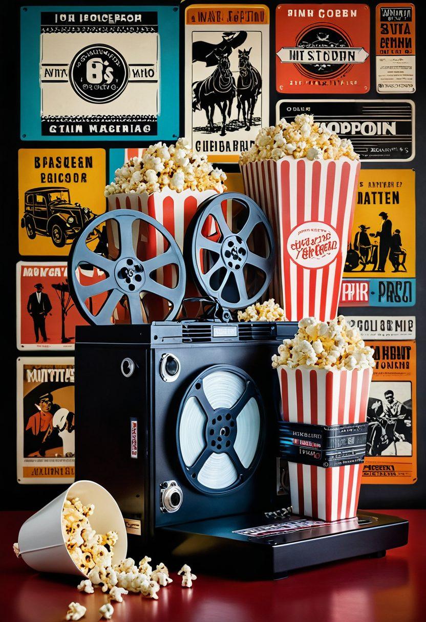 A collage showcasing vintage film reels and modern streaming devices, surrounded by iconic movie posters from classic and contemporary films. Include a cinematic popcorn bucket and film clapperboard for added flair, while a soft glow illuminates the background to create an inviting atmosphere. Blend elements of nostalgia with modernity for a unique vibe. super-realistic. vibrant colors. cinematic feel.