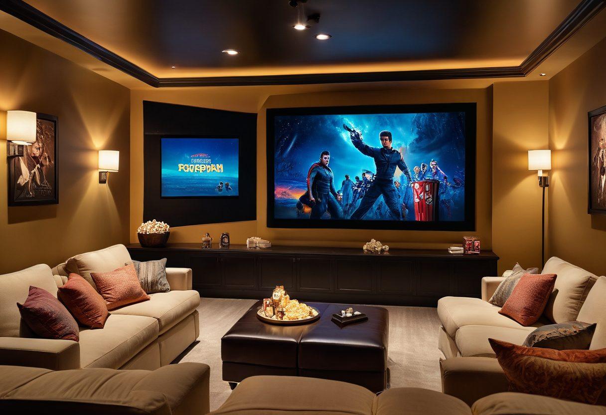 A cozy home theater setup featuring a large screen displaying a movie scene, comfortable seating with popcorn and drinks, warm ambient lighting, and posters of classic films on the walls. The atmosphere radiates excitement and relaxation. super-realistic. vibrant colors. cozy atmosphere.
